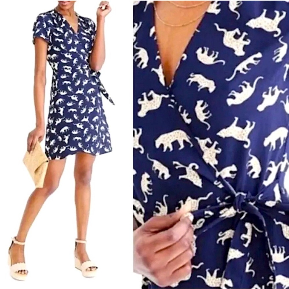 J CREW Navy Cheetah Leopard Cat Animal Novelty Print Wrap Dress Womens Sz 2